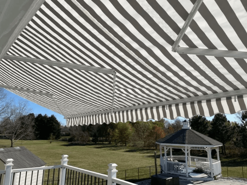 A large awning over a patio.
