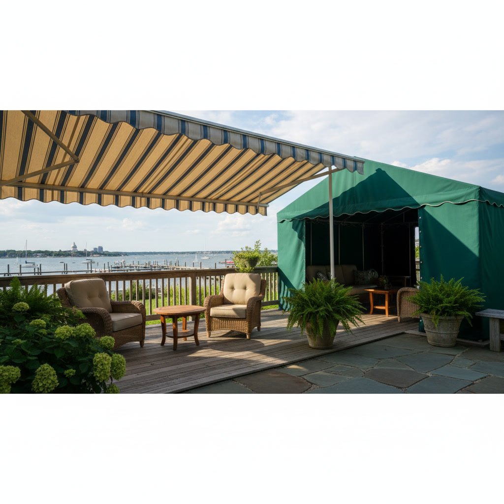 Retractable awning extended over Annapolis patio with outdoor furniture