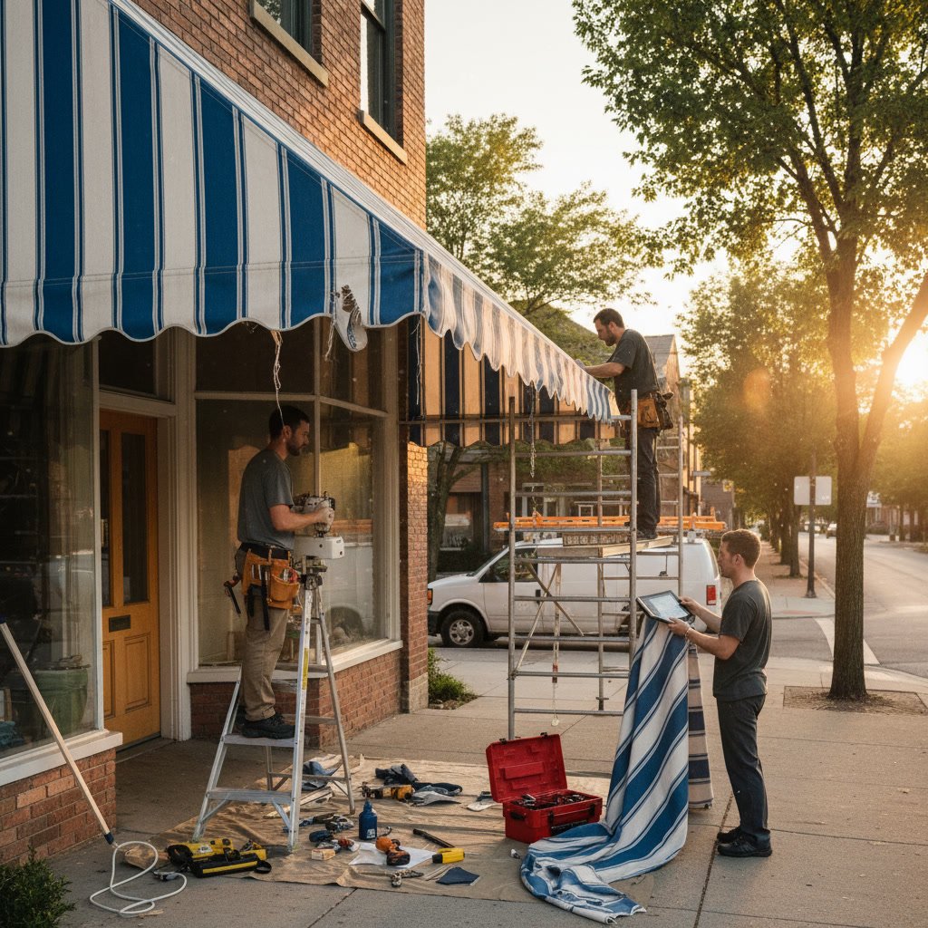 Awning repair cost factors showing damaged awning fabric and frame in Stevensville Maryland