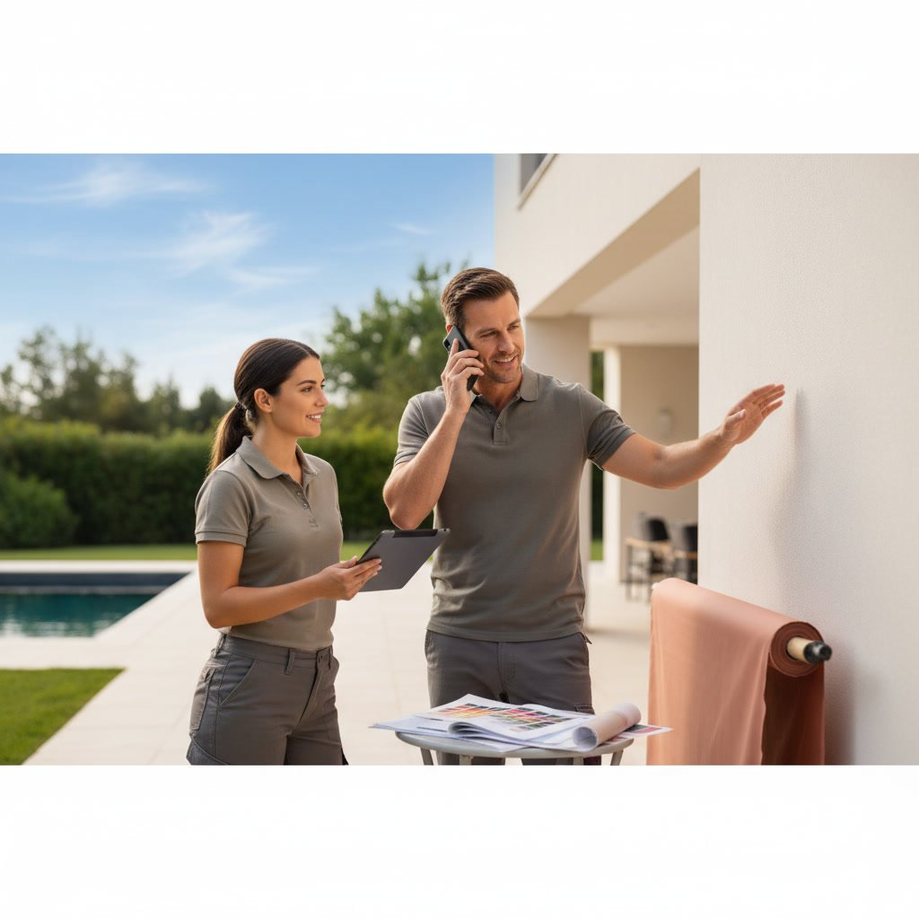 Professional awning installation crew preparing materials and tools for residential installation