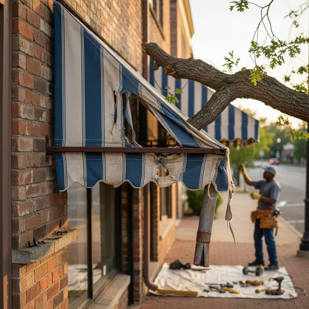 Professional awning repair technician working on retractable awning in Kent Island Maryland