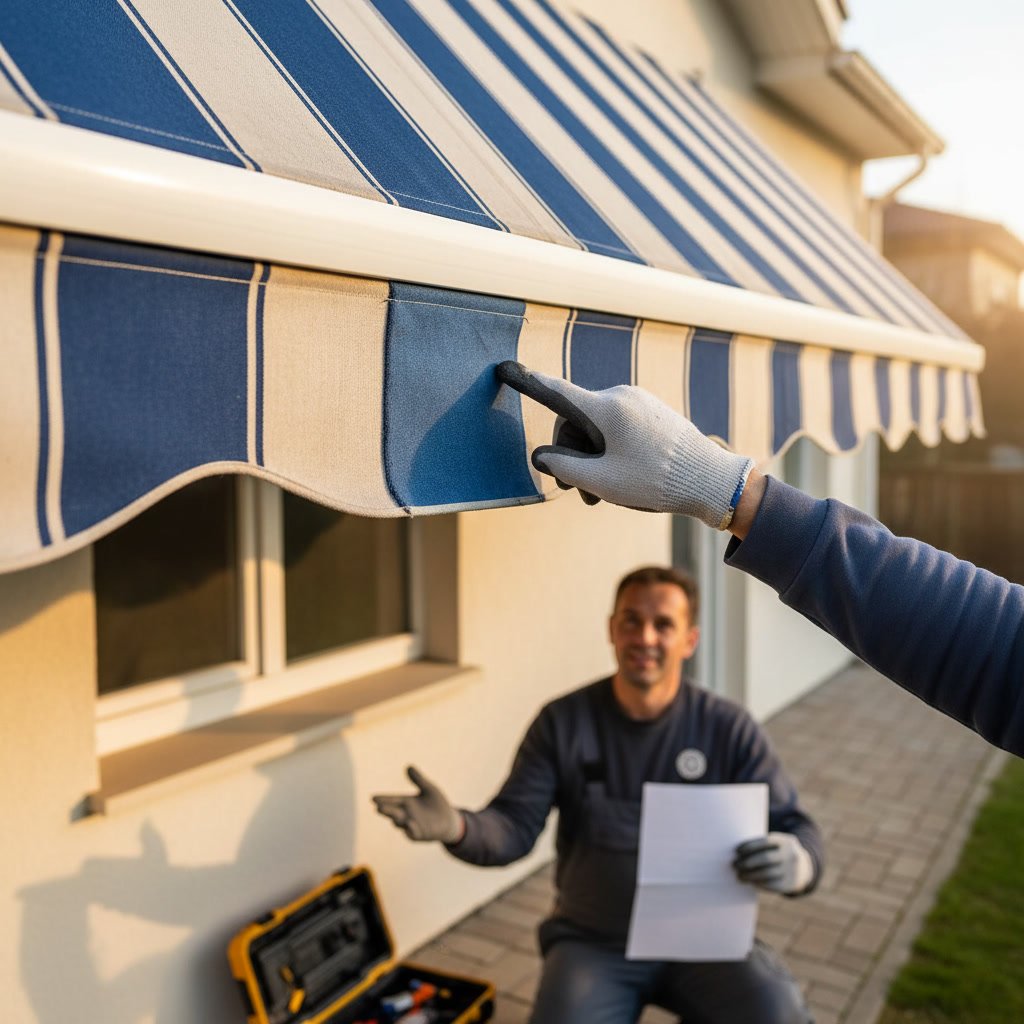 Professional awning repair contractor replacing motorized awning components in Kent Island