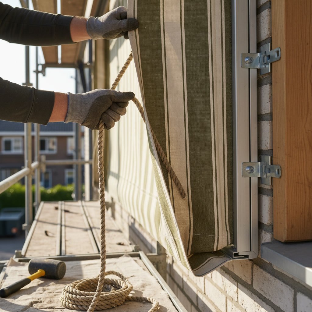 Awning frame being secured to residential wall brackets during installation