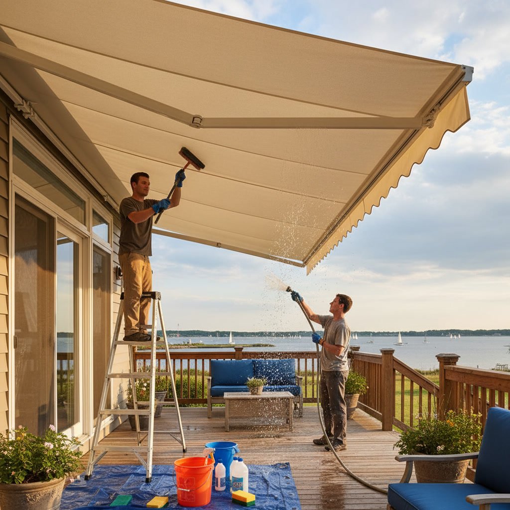 Well-maintained retractable awning on Annapolis waterfront deck