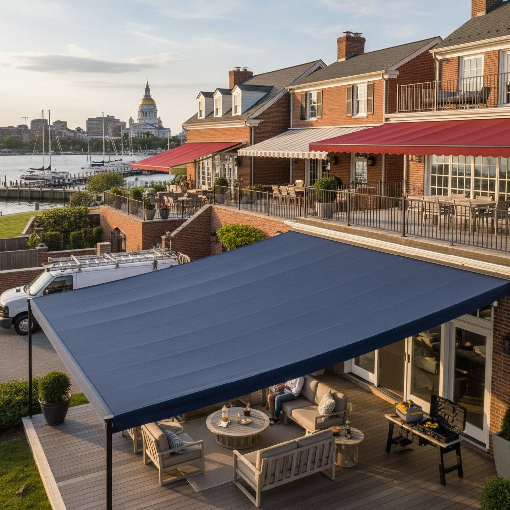 Modern retractable awning covering Annapolis patio with bay view