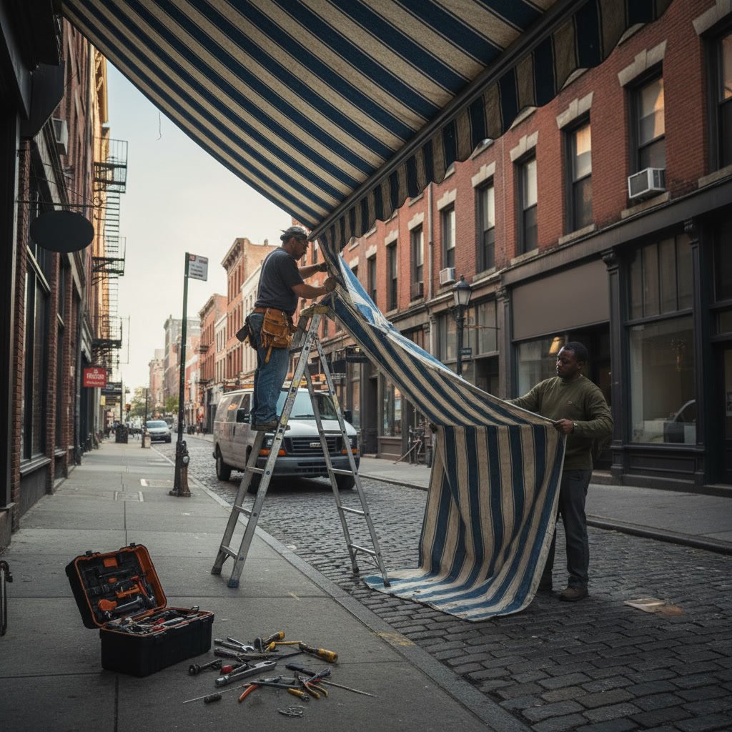 Professional awning repair contractor examining residential awning in Maryland