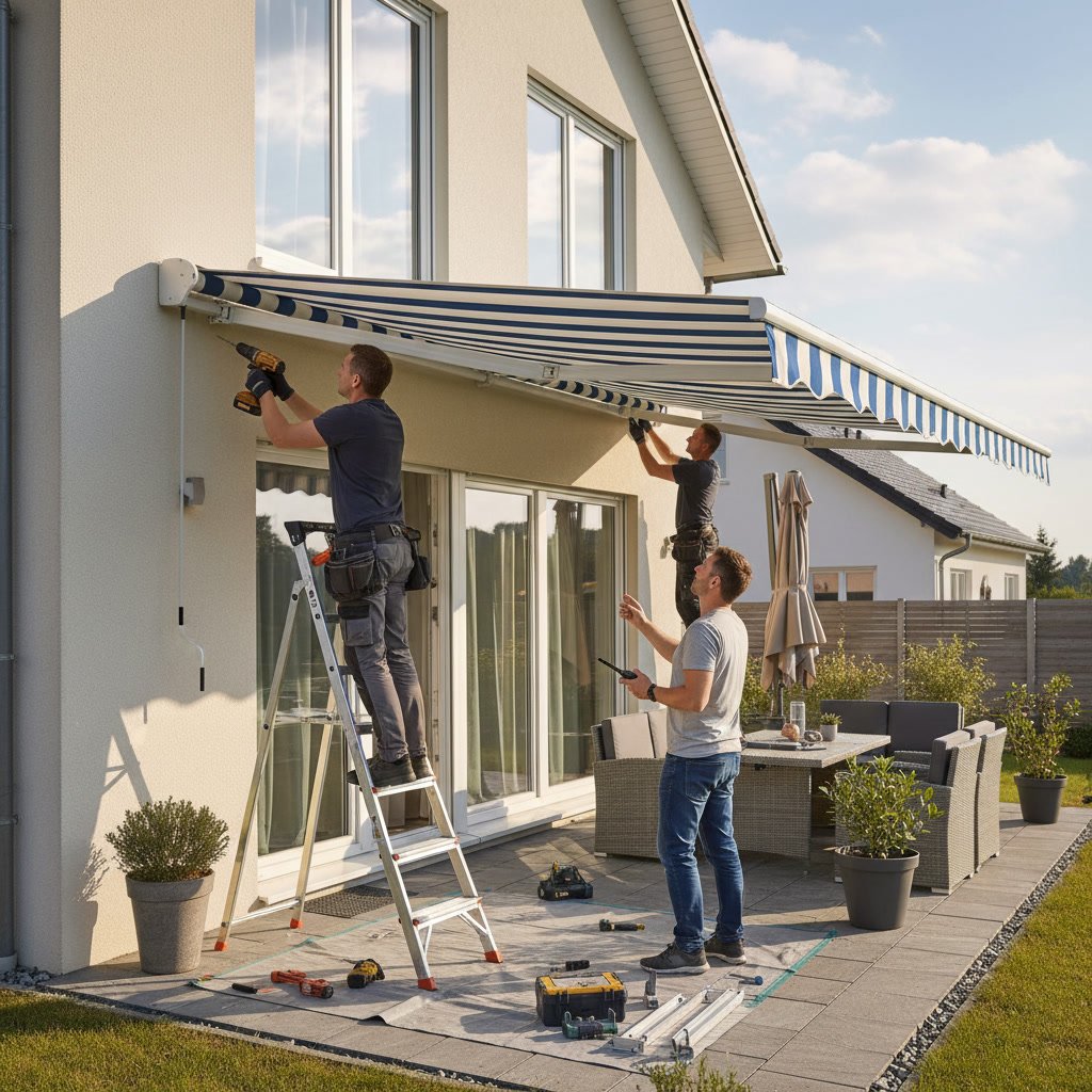 Professional awning installation team working on residential property with tools and ladder