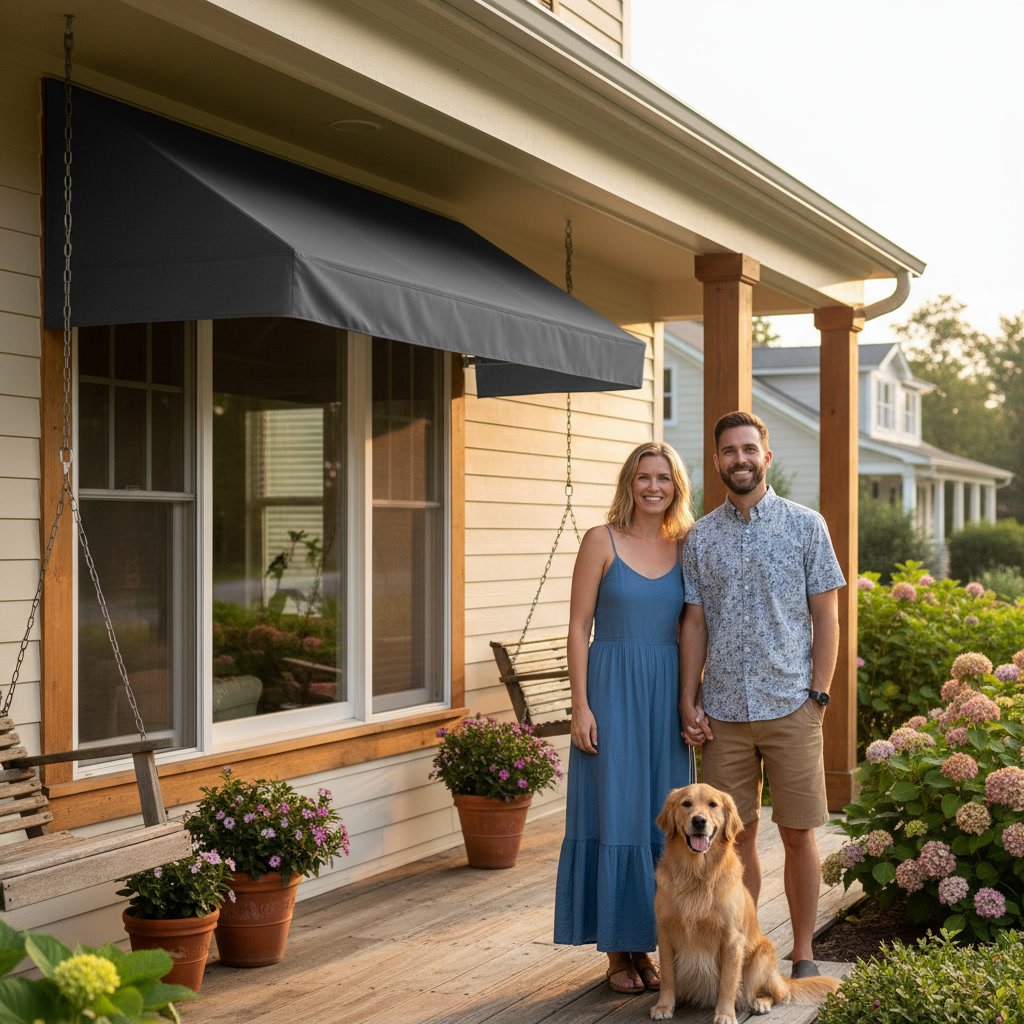 Installer mounting striped awning to residential home exterior in Edgewater