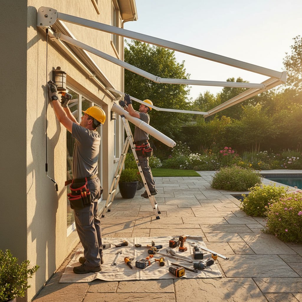 Professional installer measuring and mounting retractable awning brackets on home exterior