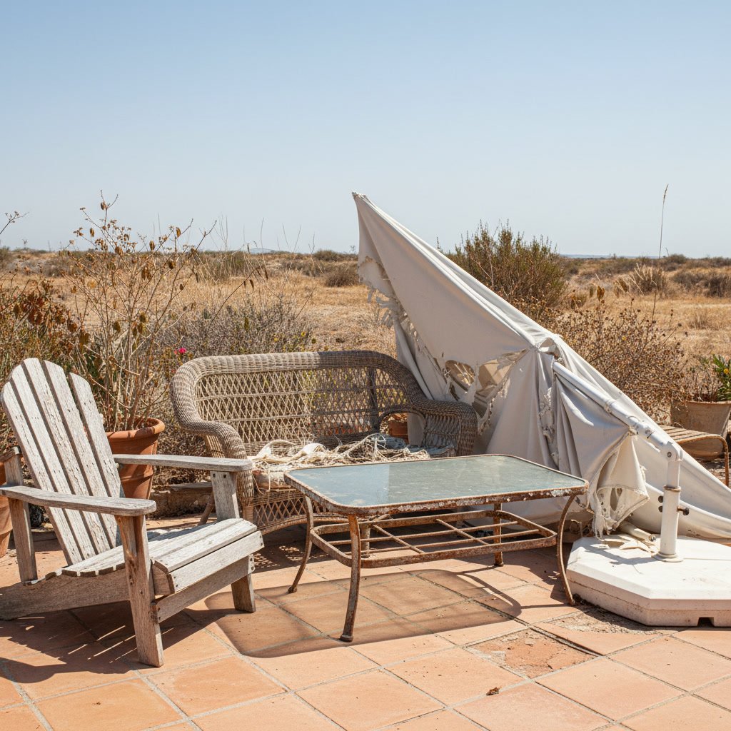 faded outdoor furniture cushions damaged by excessive sun exposure