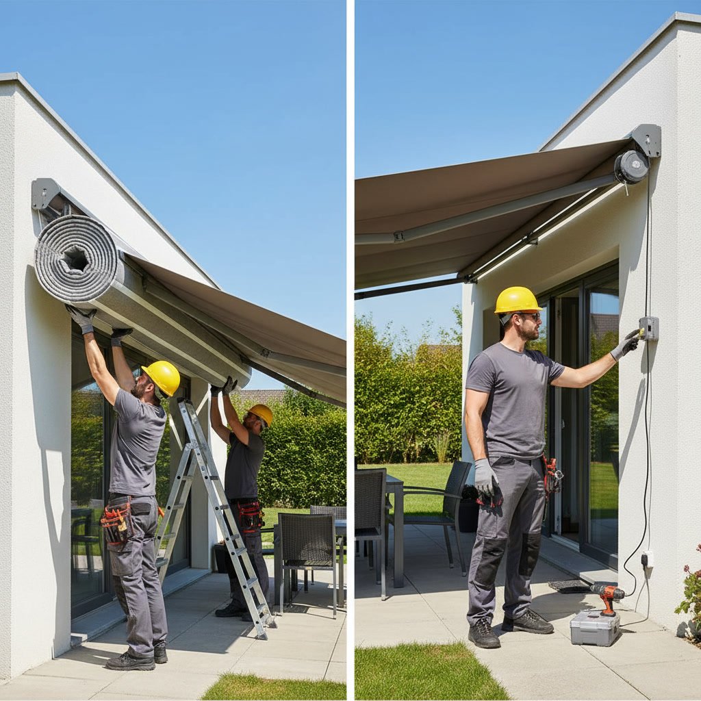 Motorized retractable awning with remote control and sun sensor mounted on residential home