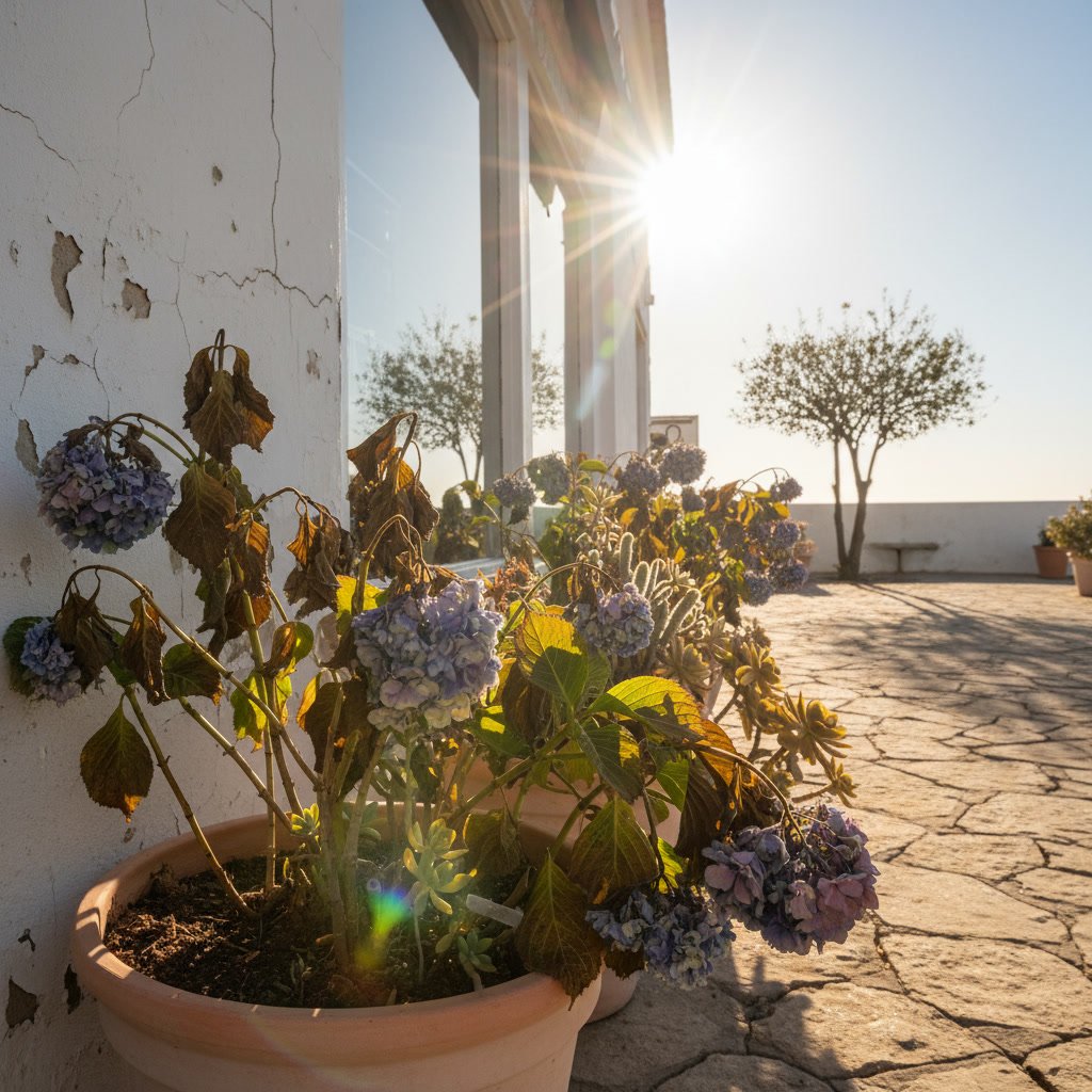 wilted potted plants on a sunny deck suffering from heat stress
