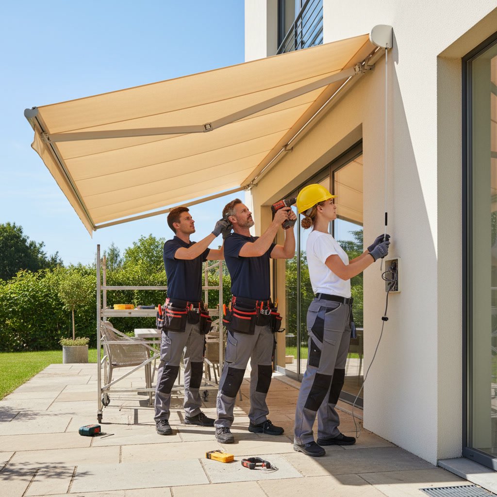 Two-person installation crew securing retractable awning to wood siding with professional tools