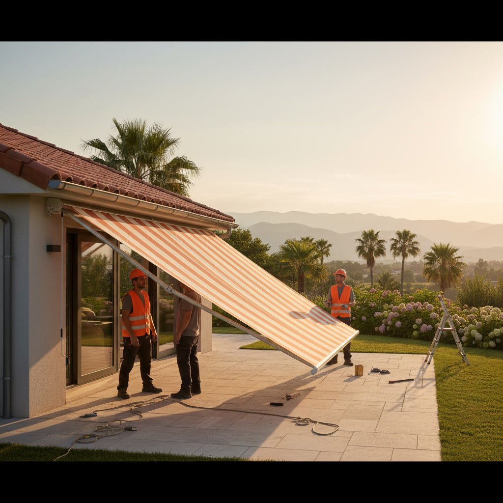 Completed awning installation providing shade over residential patio