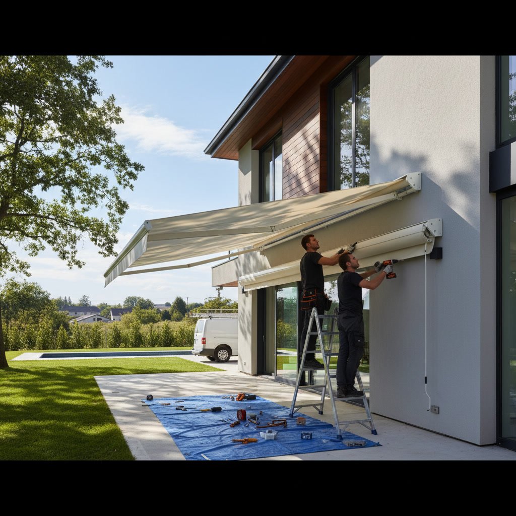 Professional crew installing retractable awning on Maryland home exterior with tools and ladder