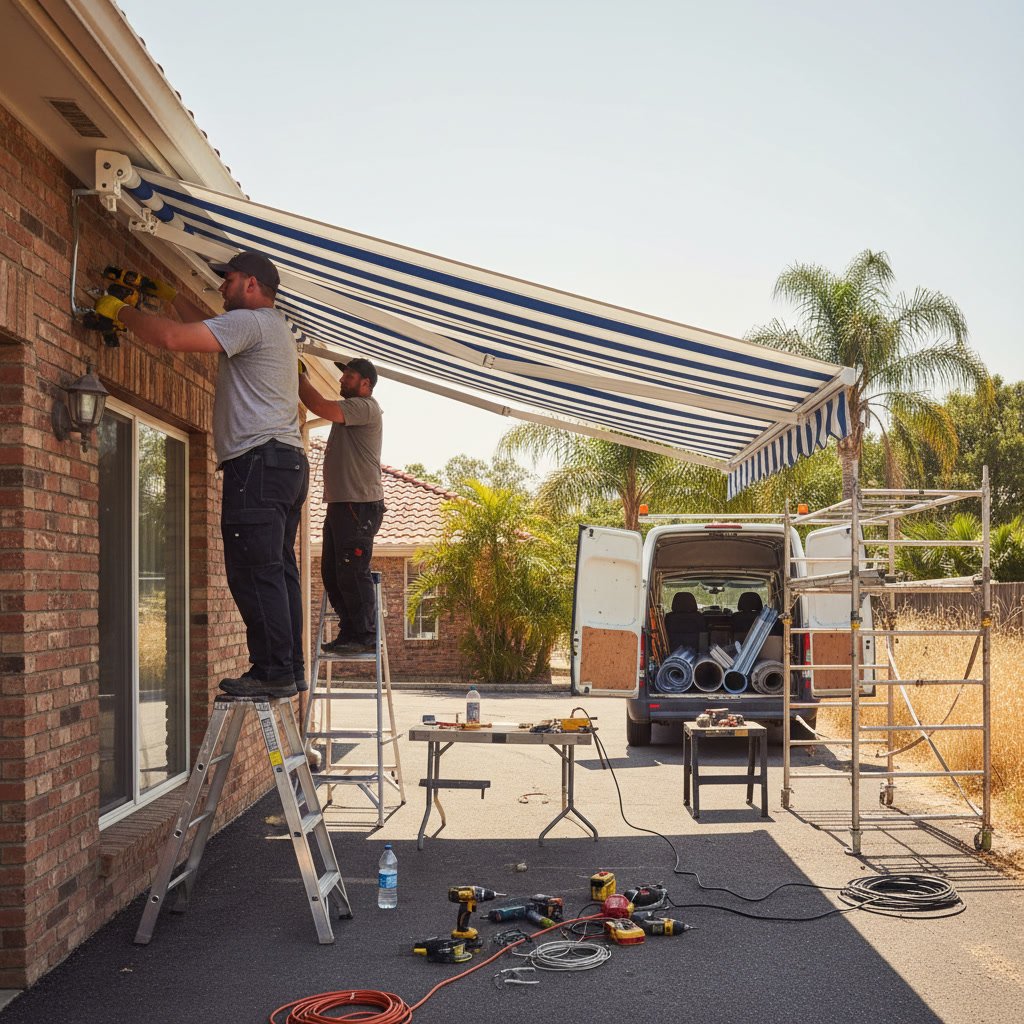 Residential home with new awning installed during summer providing patio shade