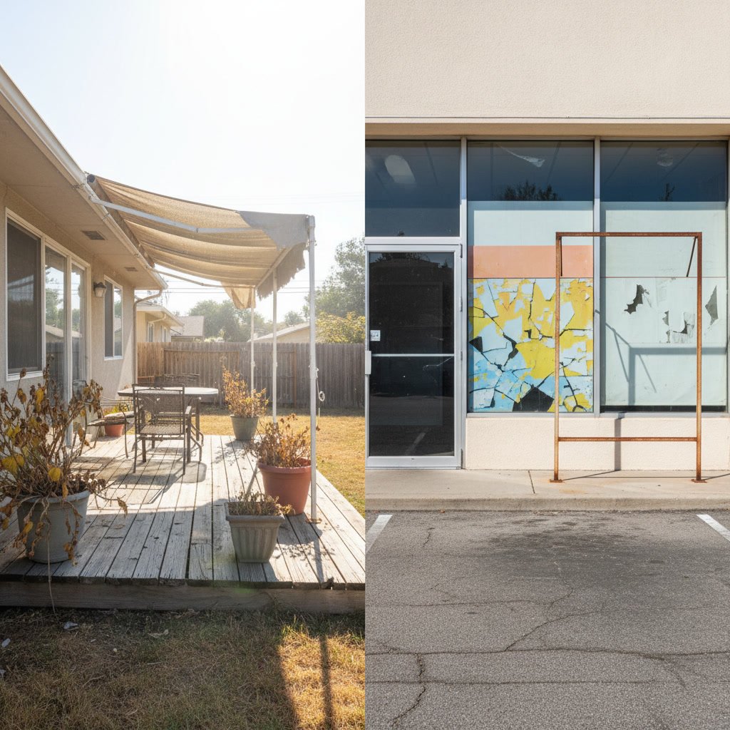 sunny backyard patio showing signs of excessive sun exposure and heat damage