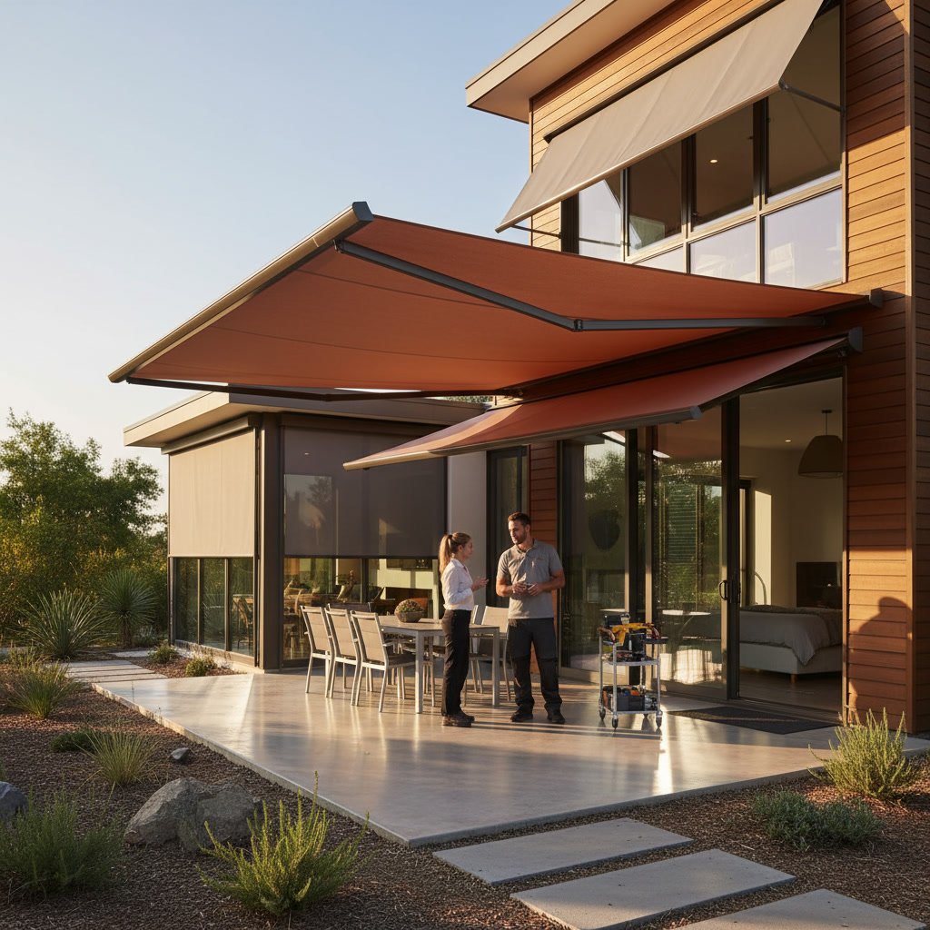 professional awning installation on residential home showing proper size and placement