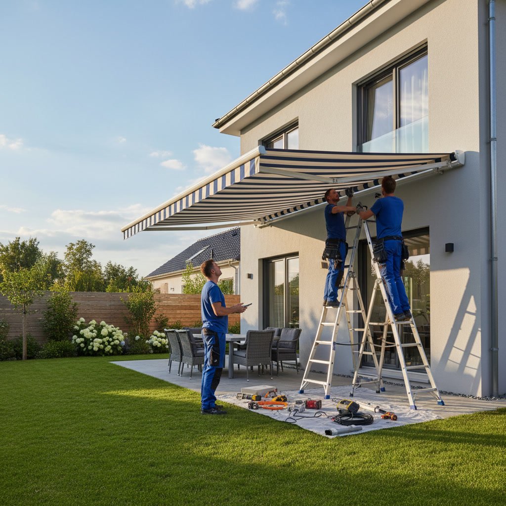 Professional awning installer adjusting fabric tension on residential awning