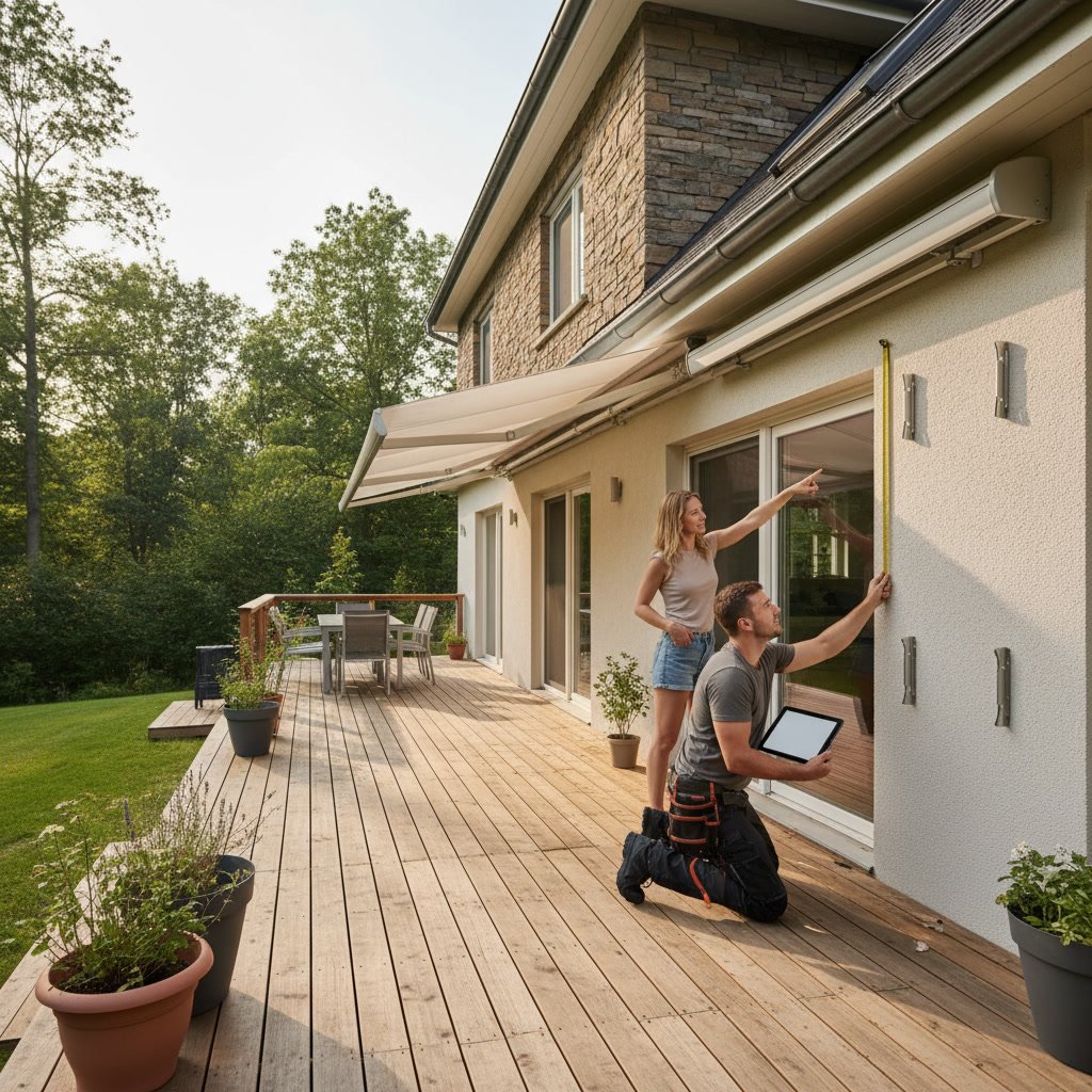 Technician measuring deck for multiple awning installation