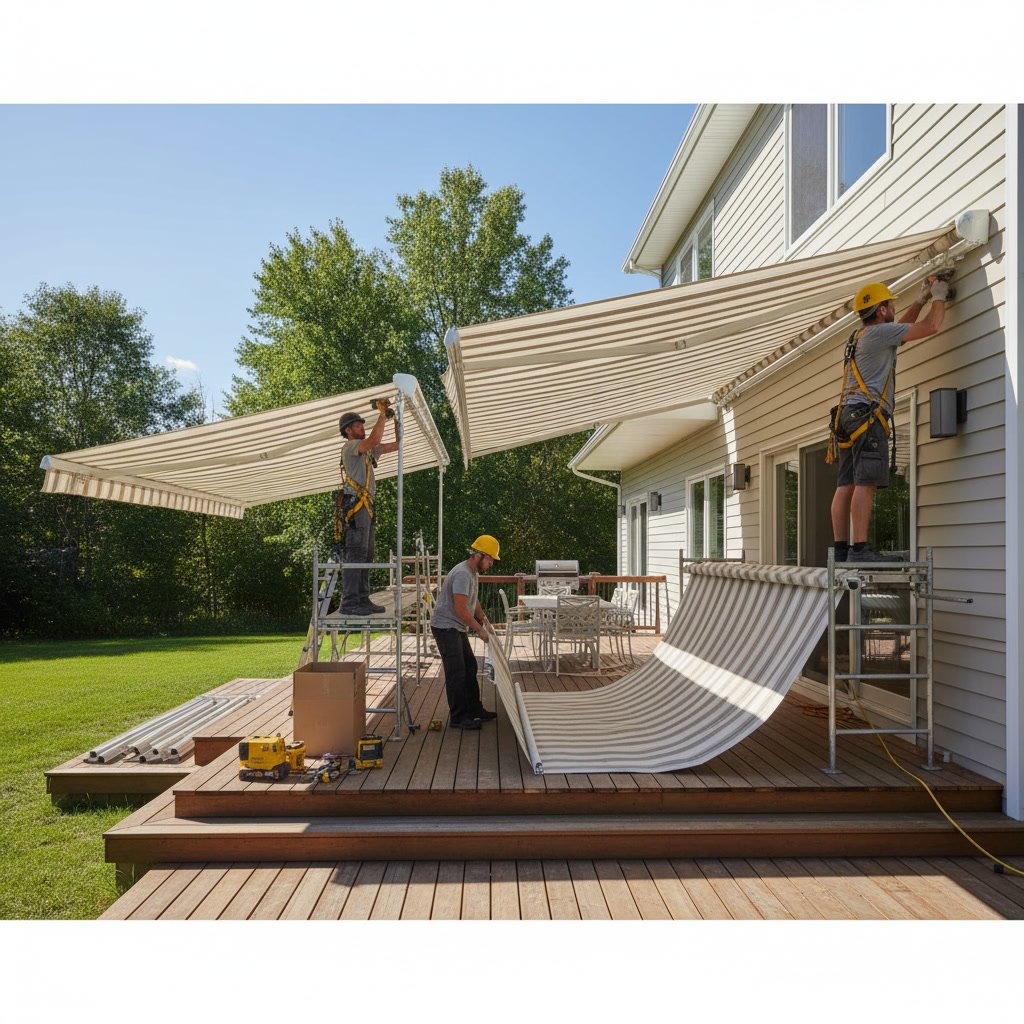 Multiple retractable awnings installed on large patio deck
