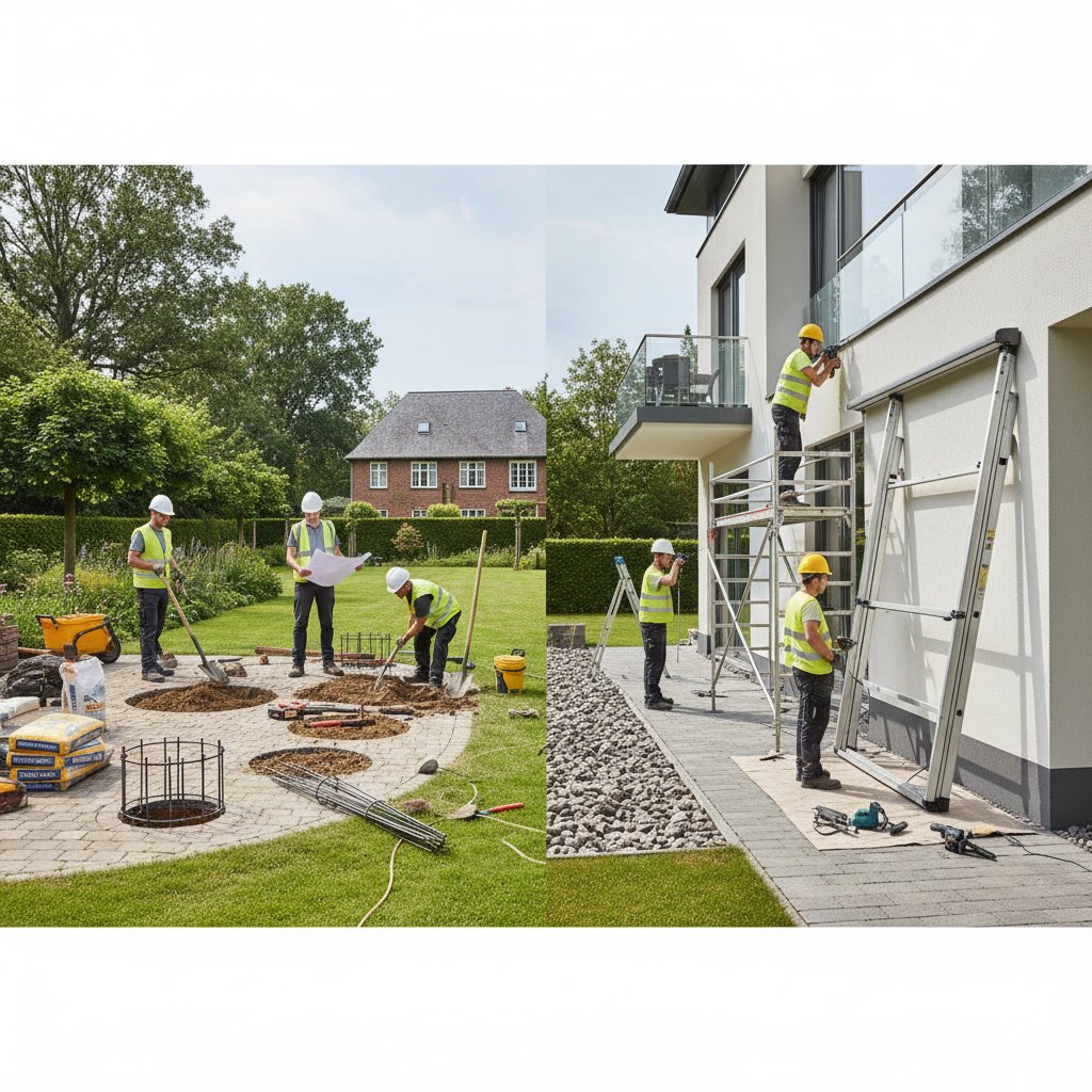 Freestanding awning posts with concrete footings installed in backyard patio area