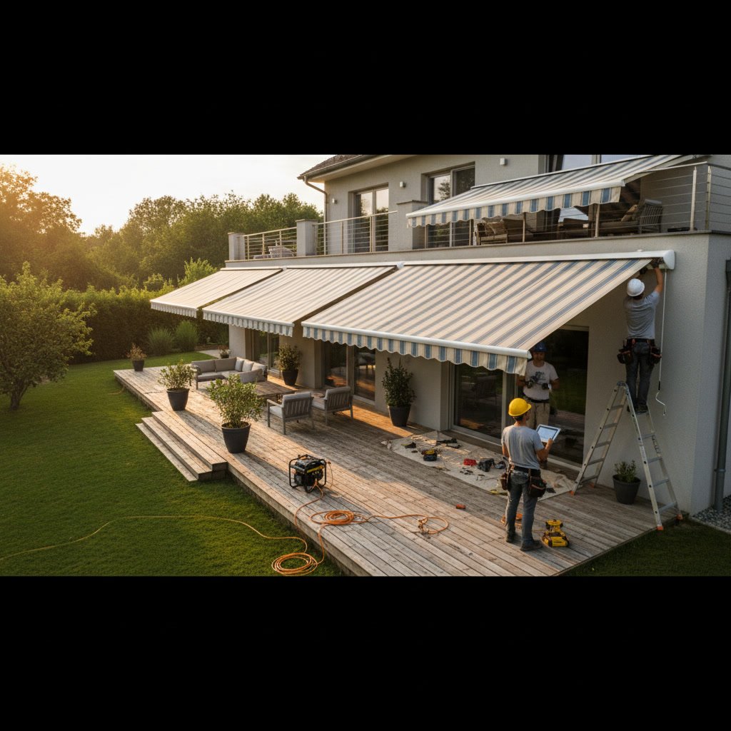 Professional awning installation team working on deck project
