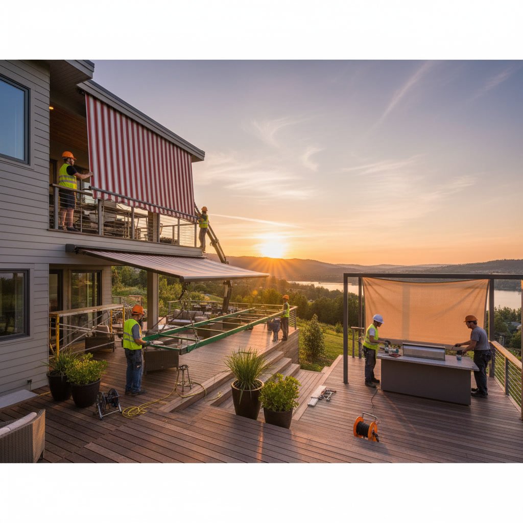 Multiple retractable awnings installed on residential deck and patio