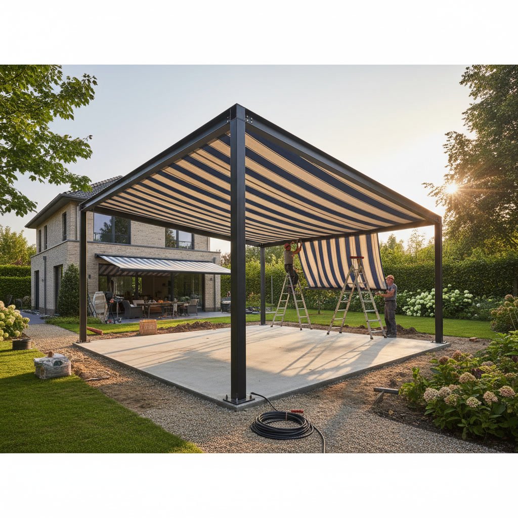 Freestanding and wall mounted awning installations showing structural differences on residential property